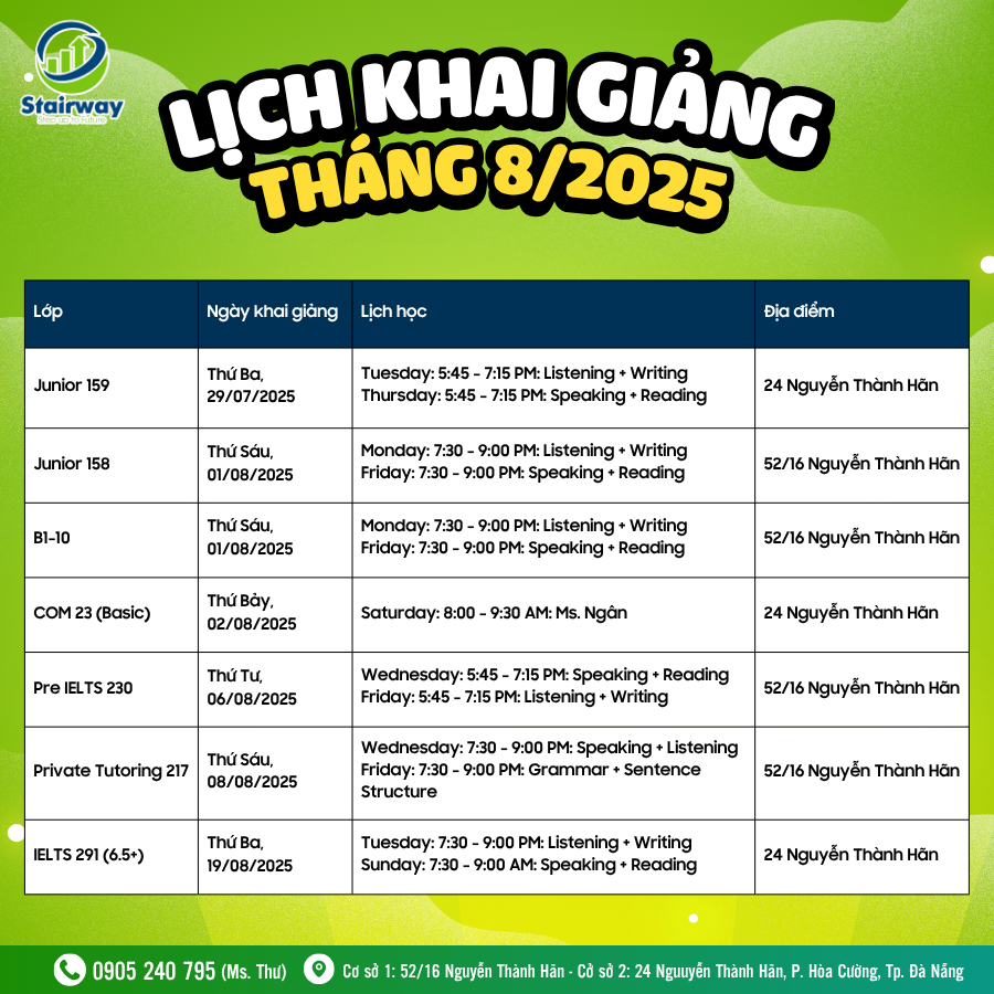 LỊCH KHAI GIẢNG THÁNG 08/2025