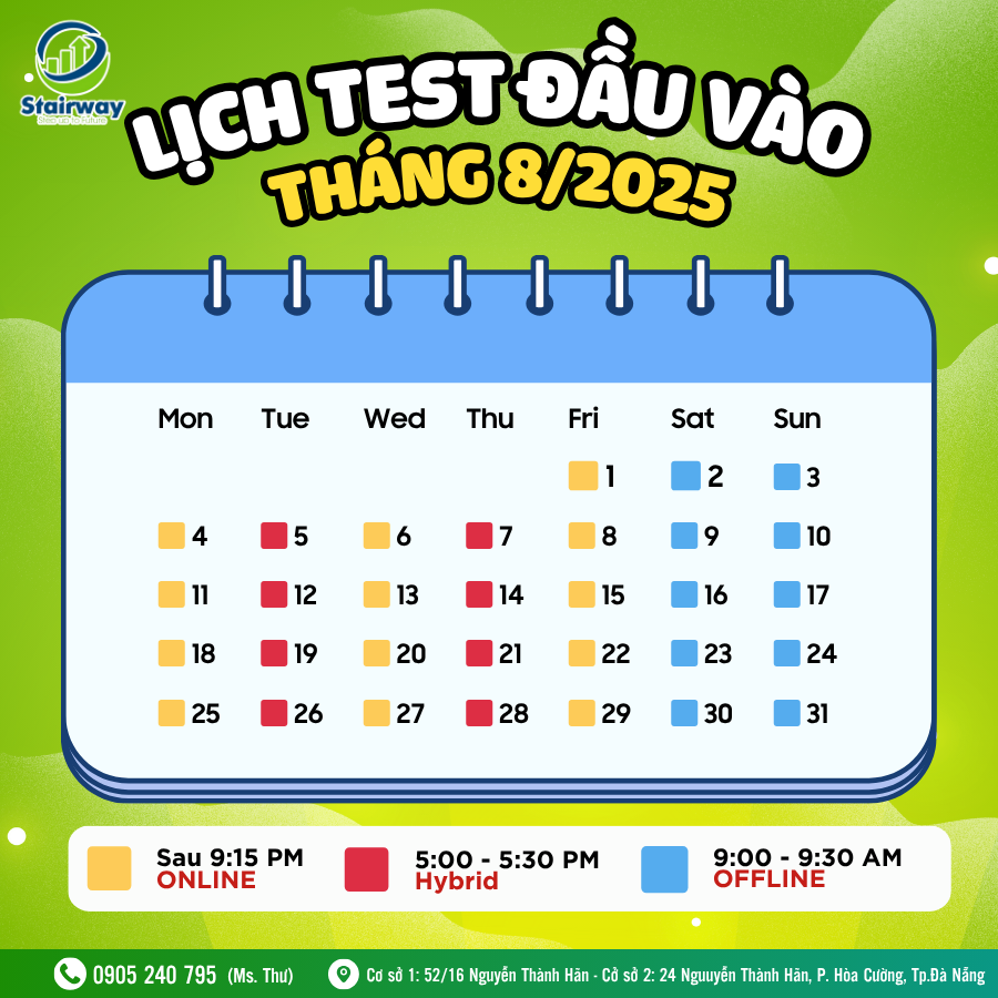 LỊCH TEST ĐẦU VÀO THÁNG 08/2025